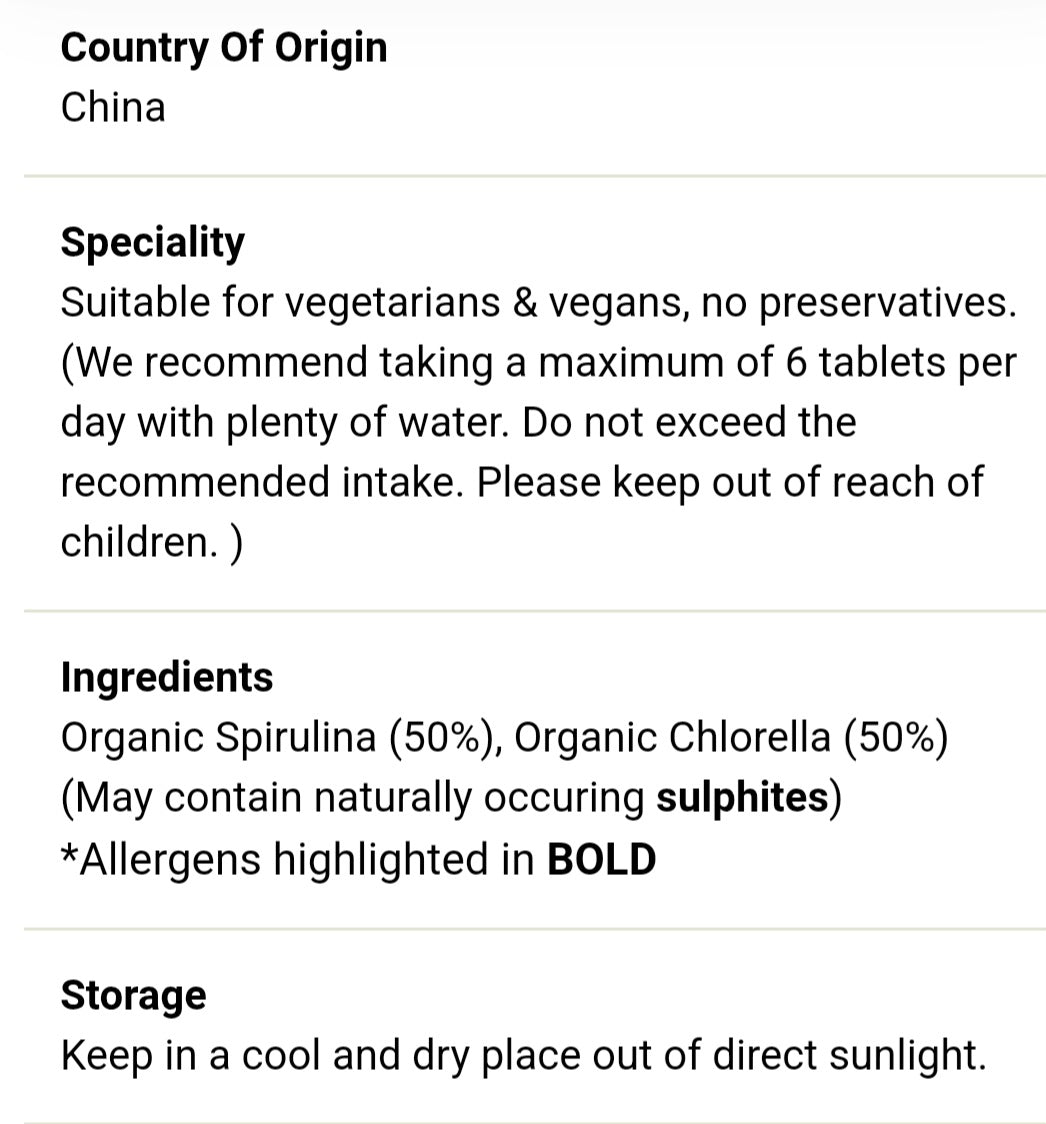 Organic Spirulina and Chlorella 120 Tablets